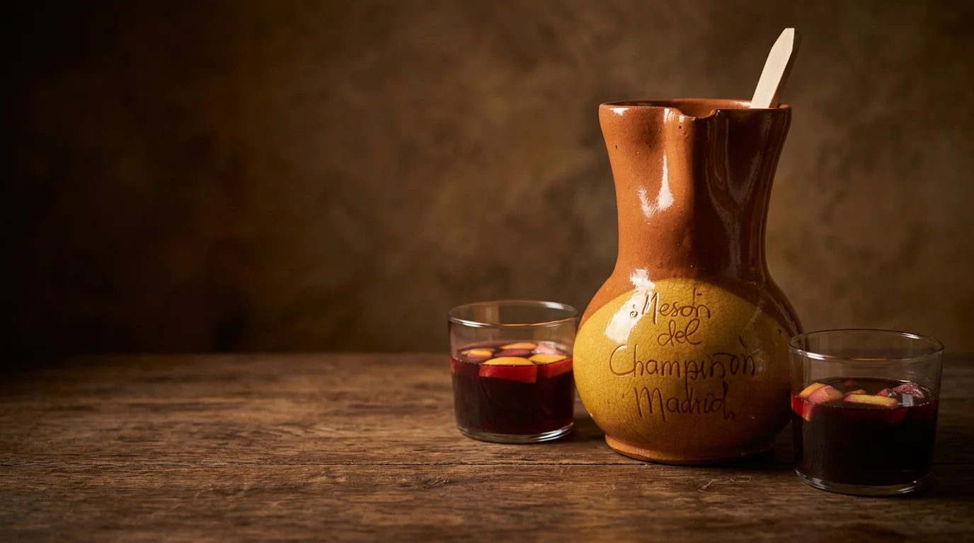 Jarra de barro con «Mesón del Champiñón, Madrid» escrito a mano y dos vasos de sangría